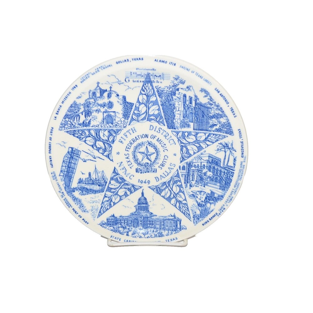 Vernon Kilns Texas Federation of Music Clubs 1949 8.5" blue white‎ plate